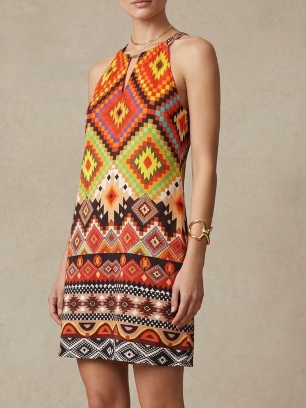 Isle by Melis Kozan Tribal Geometric Print Halter Mini Dress Orange Multi Size M